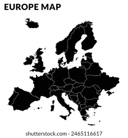 Mapa Básico de Europa con contornos nacionales, contorno blanco y relleno negro