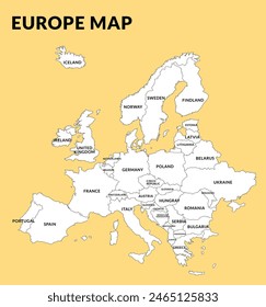 Basic map of Europe with country borders and names, gray outline and white fill on the yellow background