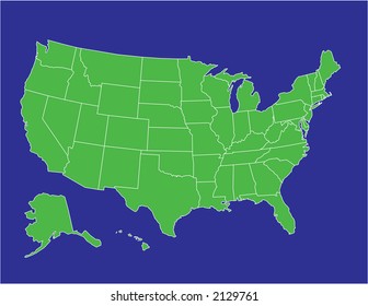 a basic map of the united states of america in green on a blue background