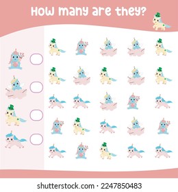 Basic math activity worksheet with cute and adorable unicorn. Calculate and write the result. How many worksheet. Educational printable math for children. Vector illustration file.