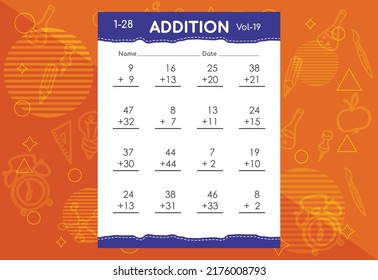 Basic math addition for kids. An educational worksheet for kids. Vector design