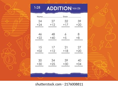 Basic math addition for kids. An educational worksheet for kids. Vector design