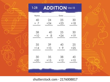 Basic math addition for kids. An educational worksheet for kids. Vector design