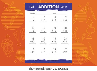 Basic math addition for kids. An educational worksheet for kids. Vector design