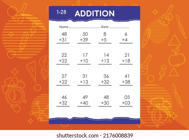Basic math addition for kids. An educational worksheet for kids. Vector design