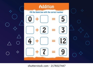 Basic math addition for kids. Fill the blank box with the correct number. Worksheet for kids