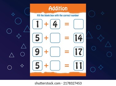 Basic math addition for kids. Fill the blank box with the correct number. Worksheet for kids