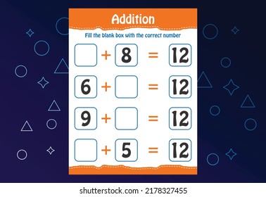 Basic math addition for kids. Fill the blank box with the correct number. Worksheet for kids