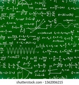A lot of basic math equations and formulas, white chalk lettering on school green chalkboard seamless pattern