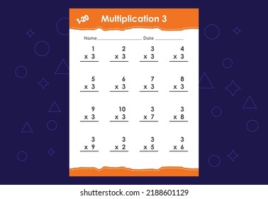 Basic math multiplication for kids. An educational worksheet for kids. Vector design