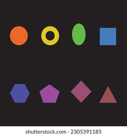 Basic math shapes like square, circle, oval, triangle and others. Colorful flat cartoon geometric shape icons set. for learning children in school. Isolated on black background image