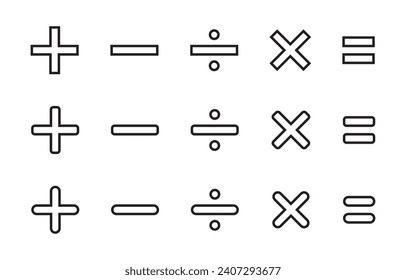 Basic math symbols. Addition, subtraction, division, multiplication, and equality icon vector in line style