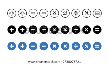 Basic Math Symbols Icon Set – Plus, Minus, Multiply, Divide and Equal Signs in Line and Solid Circle Vector Styles