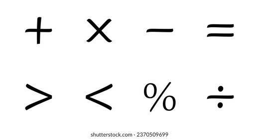 Basic math symbols for kids. Mathematical operations symbols. Plus, minus, multiply, divide, equal,percent, greater than and less than symbol. Mathematics resources for teachers and students.