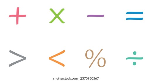 Basic math symbols for kids. Mathematical operations symbols. Plus, minus, multiply, divide, equal,percent, greater than and less than symbol. Mathematics resources for teachers and students.