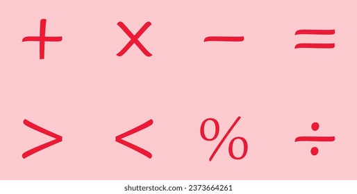 Basic math symbols for kids. Mathematical operations symbols. Plus, minus, multiply, divide, equal,percent, greater than and less than symbol. Mathematics resources for teachers and students.