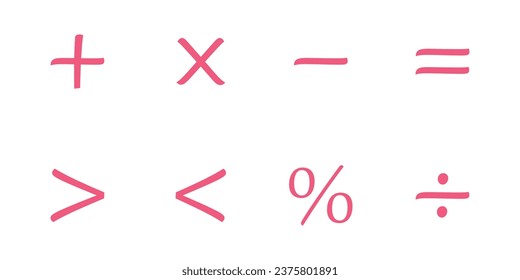 Basic math symbols for kids. Mathematical operations symbols. Plus, minus, multiply, divide, equal,percent, greater than and less than symbol. Mathematics resources for teachers and students.