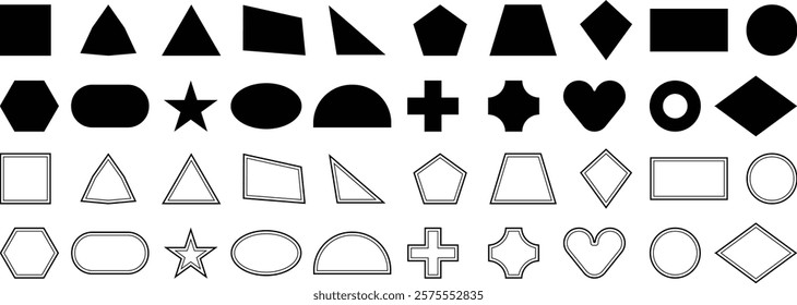 Basic mathematical and geometric shapes. Black geometric shapes with ellipse, rectangle, circle, triangle, hexagon vector set. Set of Simple Geometric Shapes. Basic shapes geometric form collection