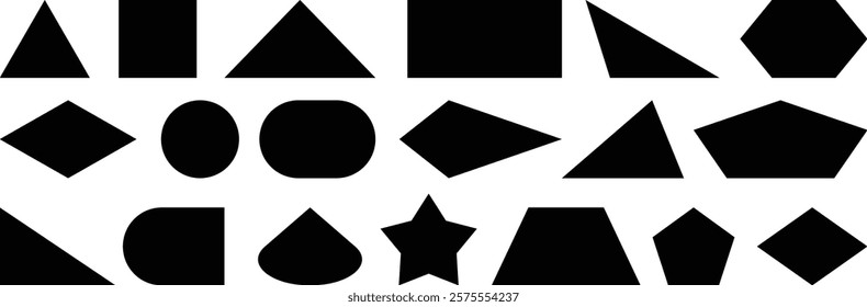 Basic mathematical and geometric shapes. Black geometric shapes with ellipse, rectangle, circle, triangle, hexagon vector set. Set of basic color shapes. Basic shapes geometric form collection