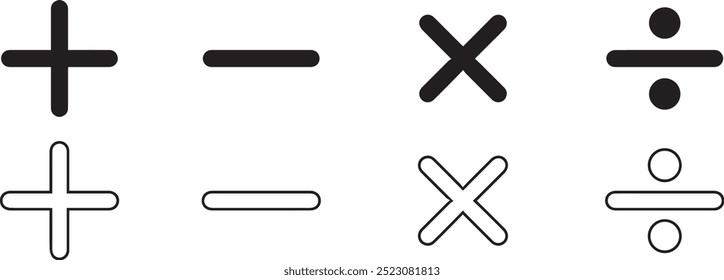 basic mathematical icon, basic mathematical symbol plus sign, minus sign, division sign, multiplications sign vector symbol icon.