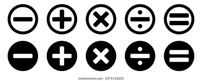 Grundlegendes mathematisches Symbol, einfaches mathematisches Symbol. Satz mathematischer Symbole: plus, minus, Multiplikation, Teilung, Gleichungen. Einzige Vektorgrafik auf weißem Hintergrund.