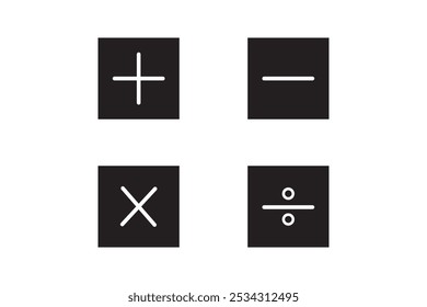 Icono matemático Básico, símbolo matemático básico. Conjunto de símbolos matemáticos: más, menos, multiplicación, división, iguales. Ilustración vectorial aislada sobre un fondo blanco.