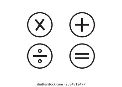 Ícone matemático básico, símbolo matemático básico. Conjunto de símbolos matemáticos: mais, menos, multiplicação, divisão, igual. Ilustração isolada de vetor em um plano de fundo branco.