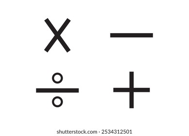 Ícone matemático básico, símbolo matemático básico. Conjunto de símbolos matemáticos: mais, menos, multiplicação, divisão, igual. Ilustração isolada de vetor em um plano de fundo branco.