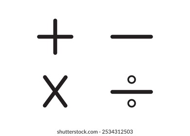 Ícone matemático básico, símbolo matemático básico. Conjunto de símbolos matemáticos: mais, menos, multiplicação, divisão, igual. Ilustração isolada de vetor em um plano de fundo branco.