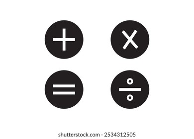 Ícone matemático básico, símbolo matemático básico. Conjunto de símbolos matemáticos: mais, menos, multiplicação, divisão, igual. Ilustração isolada de vetor em um plano de fundo branco.