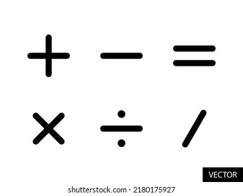 Signos matemáticos básicos iconos vectoriales en diseño de estilo de línea para el diseño de sitios web, aplicación, interfaz de usuario, aislado en fondo blanco. Más, Menos, Igual, Multiplicación, División, Slash. Trazo editable. Archivo EPS 10.