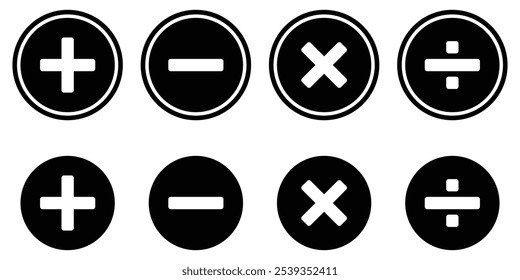 Símbolo matemático básico. Ícone de adição e subtração definido. Símbolo matemático. ícone Multiplicar. Símbolo de igual, símbolo de divisão, botão Calculadora, conceito financeiro de negócios em vetor sobre fundo branco.