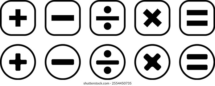 Basic mathematical symbol. Plus and minus icon set. Math symbol. Multiply icon. Equals symbol, division symbol, Calculator button, math icon set arithmetic plus minus equals multiply
