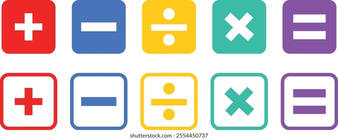 Basic mathematical symbol. Plus and minus icon set. Math symbol. Multiply icon. Equals symbol, division symbol, Calculator button, math icon set arithmetic plus minus equals multiply
