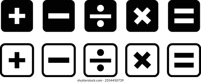 Basic mathematical symbol. Plus and minus icon set. Math symbol. Multiply icon. Equals symbol, division symbol, Calculator button, math icon set arithmetic plus minus equals multiply
