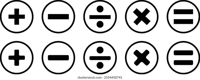 Basic mathematical symbol. Plus and minus icon set. Math symbol. Multiply icon. Equals symbol, division symbol, Calculator button, math icon set arithmetic plus minus equals multiply
