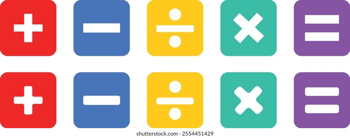 Basic mathematical symbol. Plus and minus icon set. Math symbol. Multiply icon. Equals symbol, division symbol, Calculator button, math icon set arithmetic plus minus equals multiply
