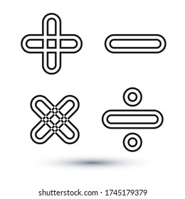 Basic Mathematical symbols. Calculator icon. Plus, minus, multiply, divide, outline vector sign, linear style pictogram isolated on white. Symbol, logo illustration. Editable stroke.