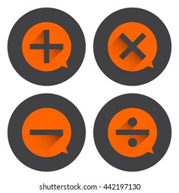 Basic Mathematical symbols on orange bubble and black circle background.