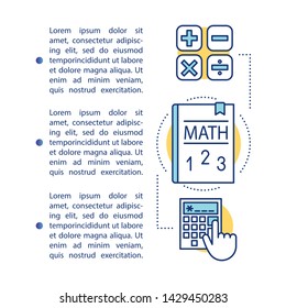 Basic maths calculations article page vector template. Mathematics Brochure, magazine, booklet design element with linear icons and text boxes. Print design. Concept illustrations with text space 