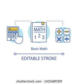 Basic maths concept icon. Solving math equation, using calculator idea thin line illustration. Studies, arithmetic lessons, courses Vector isolated outline drawing. Editable stroke