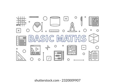 Basic Maths concept vector outline horizontal banner - Math illustration