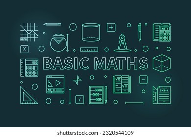 Basic Maths concept vector thin line horizontal colored banner. Math illustration with dark background