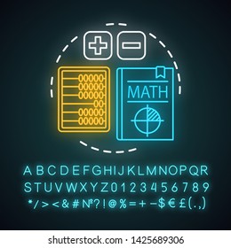 Basic maths lesson neon light concept icon. Primary school mathematics, addition and subtraction courses idea. Glowing sign with alphabet, numbers and symbols. Vector isolated illustration