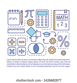 Basic maths lessons article page vector template.Mathematics, algebra. Brochure, magazine, booklet design element with linear icons and text boxes. Print design. Concept illustrations with text space 