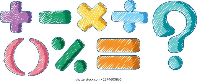 Símbolos matemáticos básicos en esbozo de color de lápiz ilustración de estilo simple
