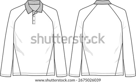 Basic men polo raglan long sleeves shirt with rib collar and buttoned placket, bottom side inserts, straight regular hem, front and back sketch, illustration, active, activewear, vectors