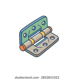 A basic metal hinge shown in an isometric view with green and gray metallic plates and a cylindrical pin.