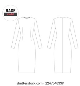 The basic model of a semi-adjacent silhouette dress with undercuts and long sleeves, outline. Technical drawing for use in magazines and printing. For professionals and amateurs. Vector Mock up