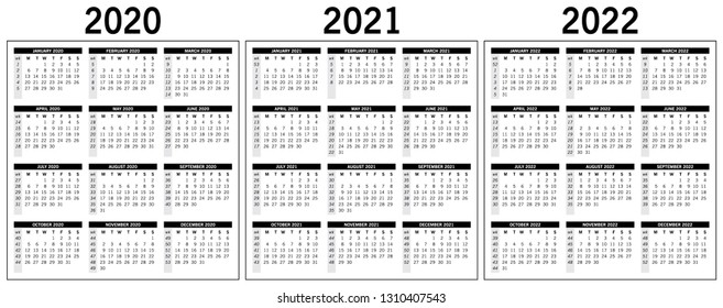 basic monochrome calendar 2020, 2021, 2022. Vector, eps 10